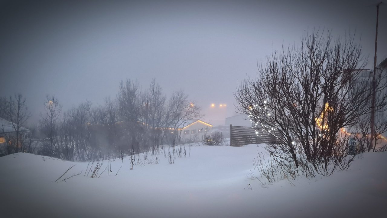 Snow Falling in Isafjordur Town
