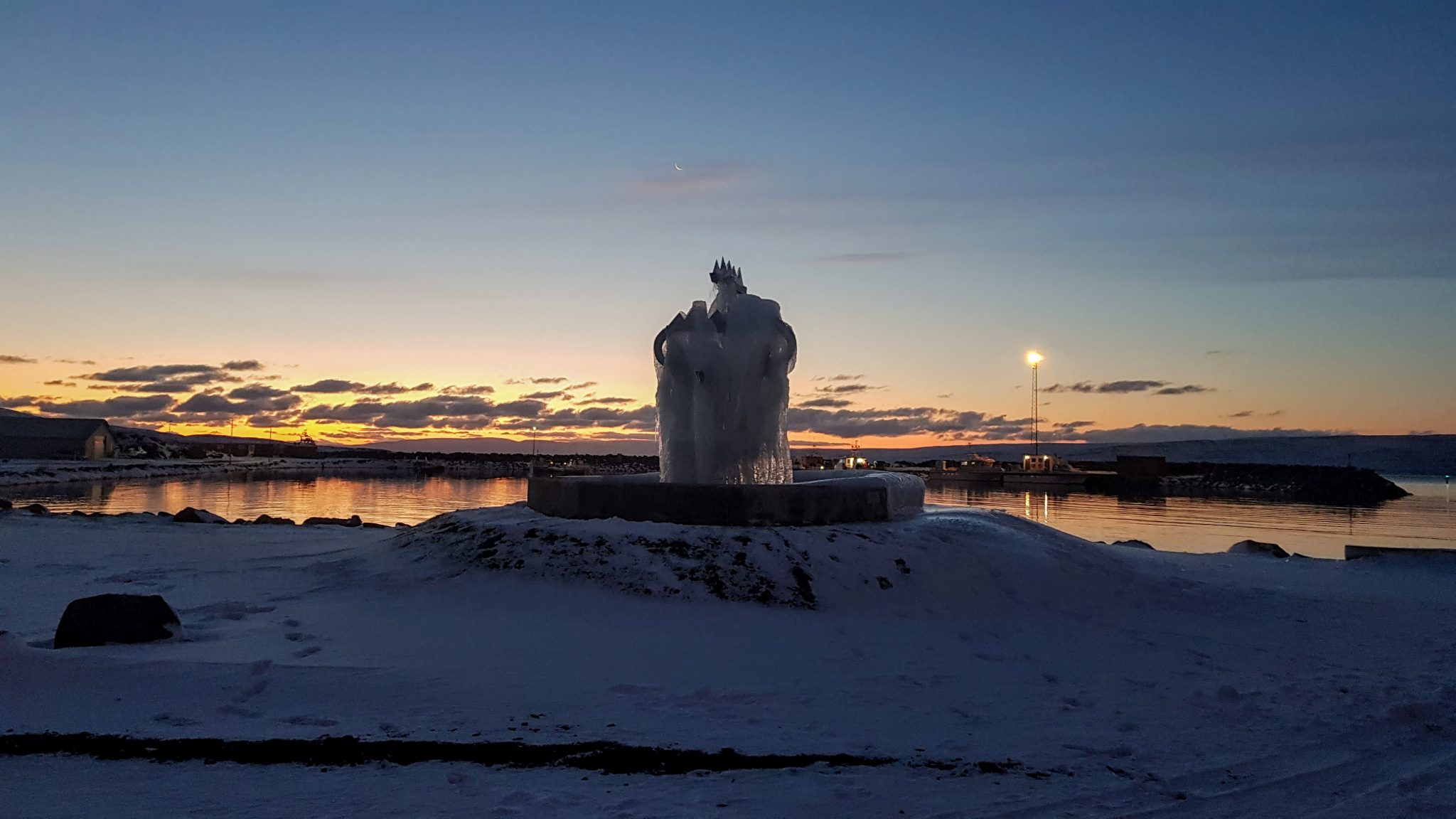 Sculpture and Sunset in Holmavik