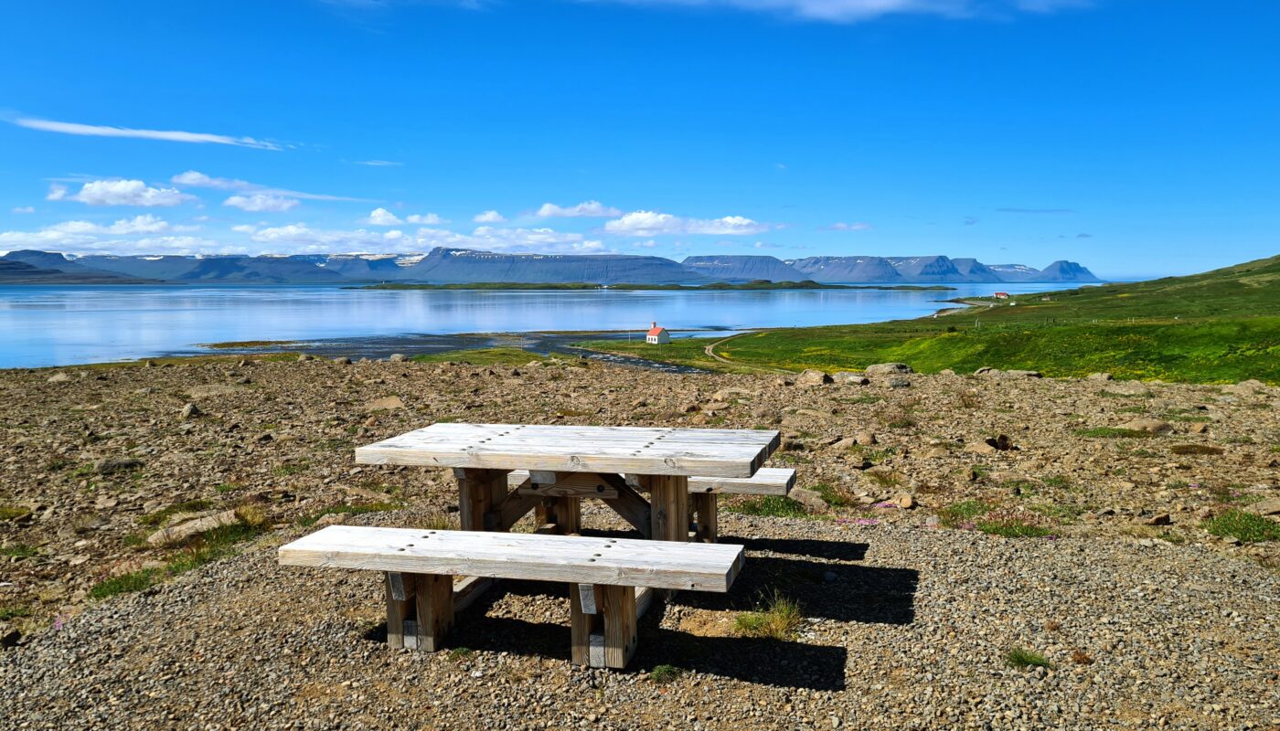 Unaðsdalur and View of Ísafjarðardjúp Bay
