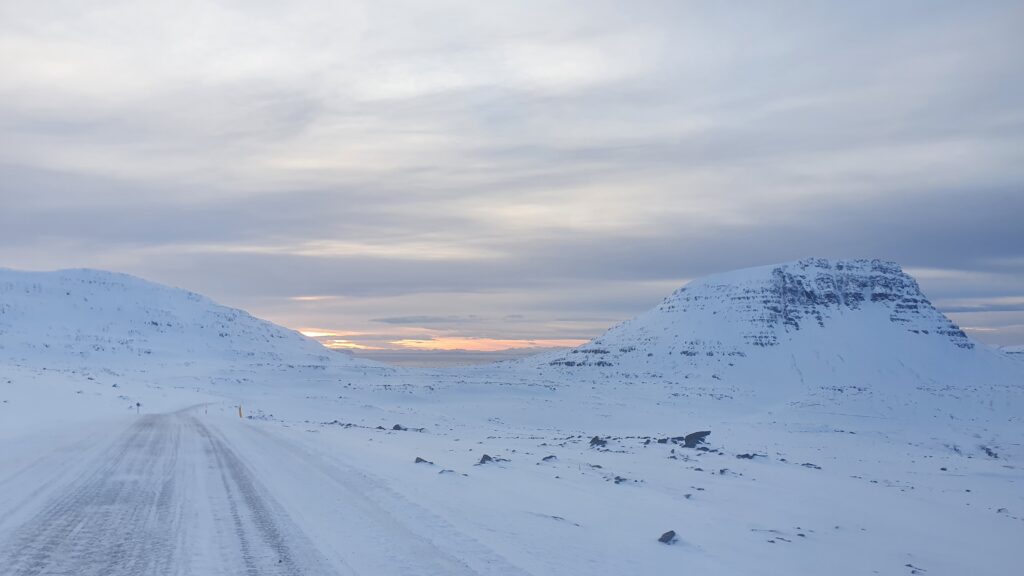 Driving on Dynjandi Heath in February